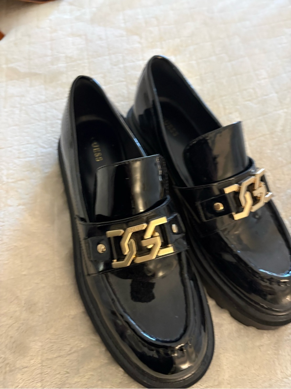 Guess Black Patent Loafers with Gold Chain Accent